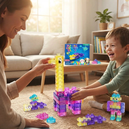 Mom and son playing with Magi Bloc squishy building blocks